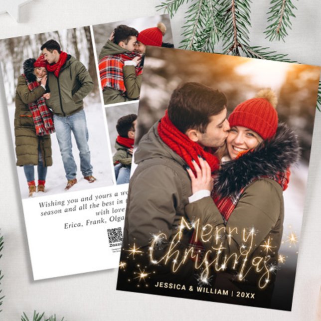 4 PHOTO Merry Christmas Gold Sparkle Greeting Holiday Card (Creator Uploaded)