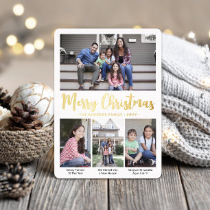 4 Photo Merry Christmas Modern Script Calligraphy Foil Holiday Card