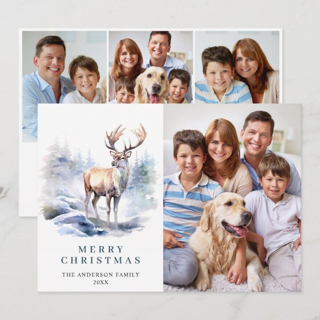 4 PHOTO Minimalist Elegant Deer Christmas Holiday Card (Front/Back)