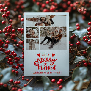 4 Photo Minimialist Merry and Married  Holiday Card