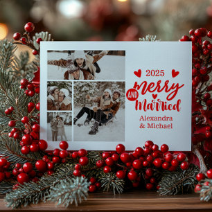 4 Photo Minimialist Merry and Married  Holiday Card