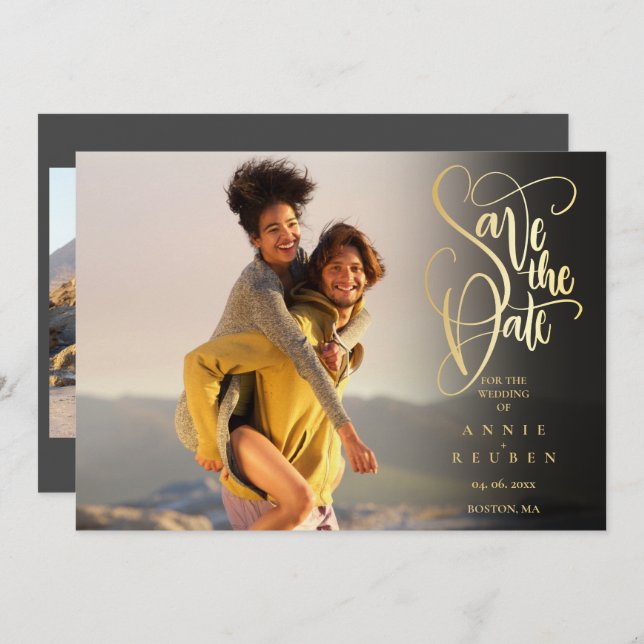 4 Photo Modern Elegant Gold Script Save The Date (Front/Back)