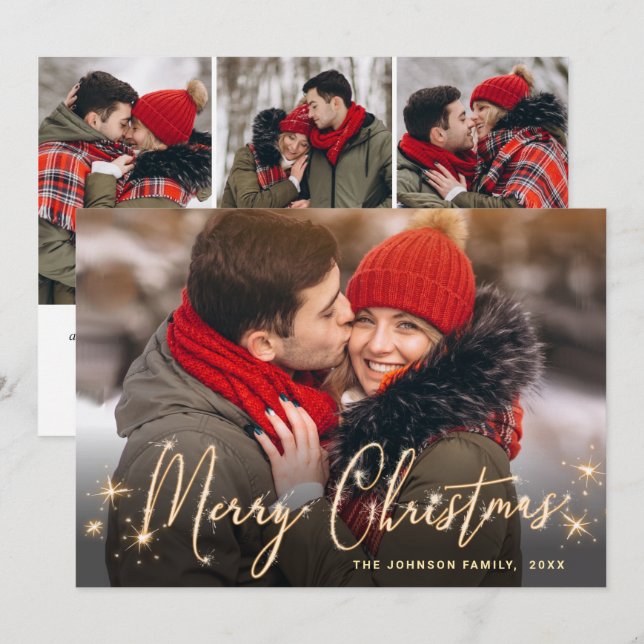 4 PHOTO Modern Golden Christmas Greeting Holiday C (Front/Back)