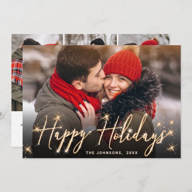 4 PHOTO Modern Golden Christmas Greeting Holiday Card (Front/Back)