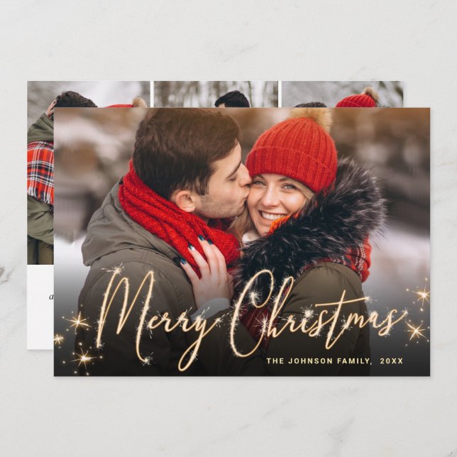 4 PHOTO Modern Golden Christmas Greeting Holiday Card (Front/Back)