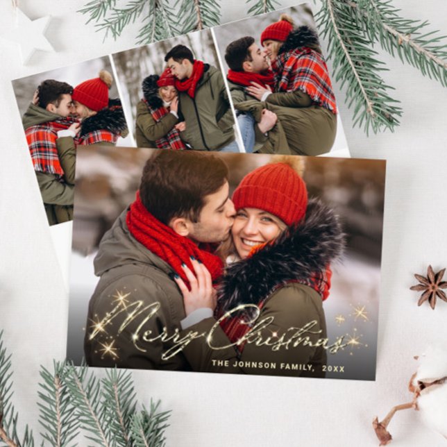 4 PHOTO Modern Golden Christmas Greeting Holiday Card (Creator Uploaded)