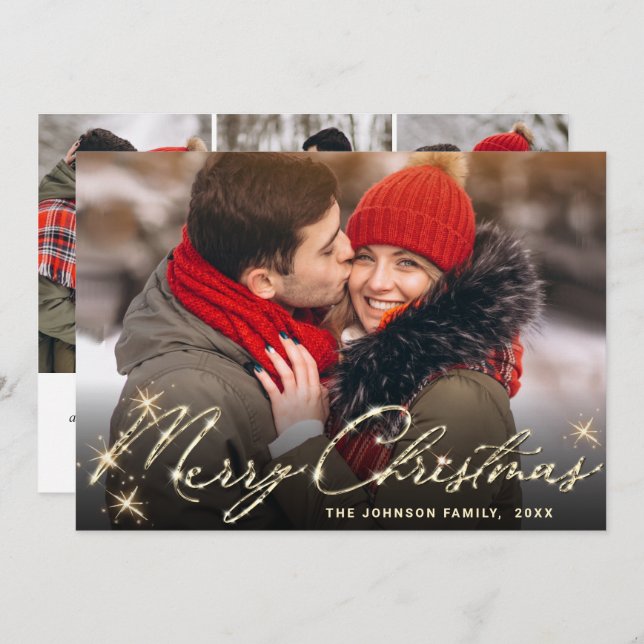 4 PHOTO Modern Golden Christmas Greeting Holiday Card (Front/Back)