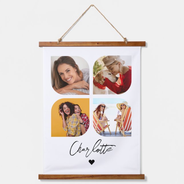 4 Photo Modern Trendy Simple Personalised Name Hanging Tapestry (Front)