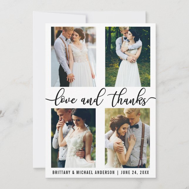 4 Photo Modern Wedding Love and Thanks Thank You Card (Front)