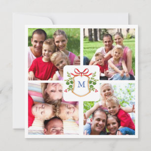 4 Photo Monogrammed crest Square Christmas  Holiday Card