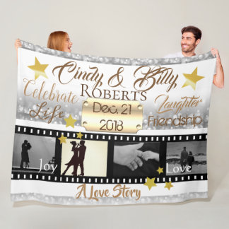 4 Photo Movie Star Film Reel Silver Bokeh and Gold Fleece Blanket
