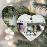 4 Photo Mr & Mrs 1st Christmas Faux Marble Heart Ceramic Tree Decoration<br><div class="desc">Celebrate a joyful 1st holiday as a married couple with a custom 4 photo collage "Our First Christmas as Mr. & Mrs." heart-shaped ceramic ornament. All text and images on this template are simple to personalise. (IMAGE PLACEMENT TIP: An easy way to centre a photo exactly how you want is...</div>