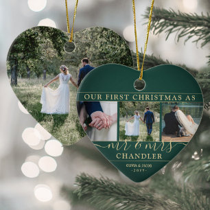 4 Photo Mr & Mrs 1st Christmas Green & Gold Heart Ceramic Tree Decoration
