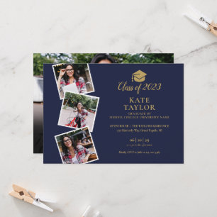 4 Photo Navy Blue And Gold Graduation Party Invitation