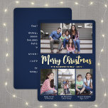 4 Photo Navy Blue Merry Christmas Modern Collage Foil Holiday Card<br><div class="desc">Send stylish joyful greetings and share your favourite pictures with a custom four photo collage navy blue and gold foil holiday card. All text on this template is simple to customise to include any wording, such as Merry Christmas, Happy Holidays, Seasons Greetings, New Year Cheers etc. (IMAGE PLACEMENT TIP: An...</div>