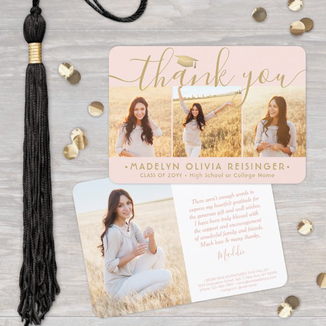 4 Photo New Address Blush Pink and Gold Graduation Thank You Card (Creator Uploaded)