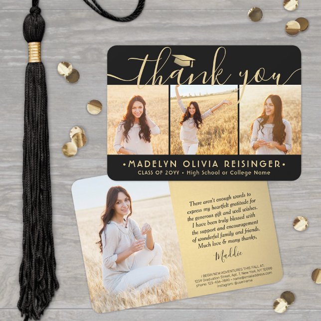 4 Photo New Address Modern Black & Gold Graduation Thank You Card (Creator Uploaded)