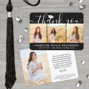4 Photo New Address Modern Black White Graduation Thank You Card