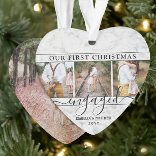 4 Photo Our First Christmas Engaged Faux Marble Ornament