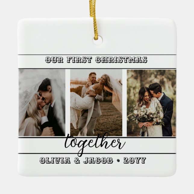 4 Photo Our First Christmas Together Faux Marble C Ceramic Ornament (Front)