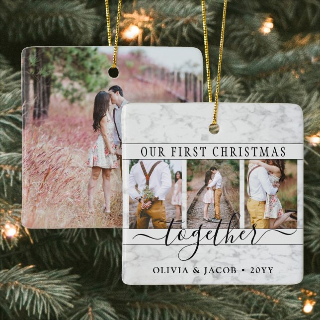 4 Photo Our First Christmas Together Faux Marble Ceramic Ornament (Creator Uploaded)