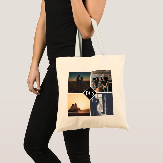 4 Photo Personalised Collage Monogrammed Tote Bag (Front (Product))