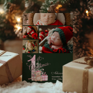 4 Photo Pink Green Baby First Christmas Holiday Card