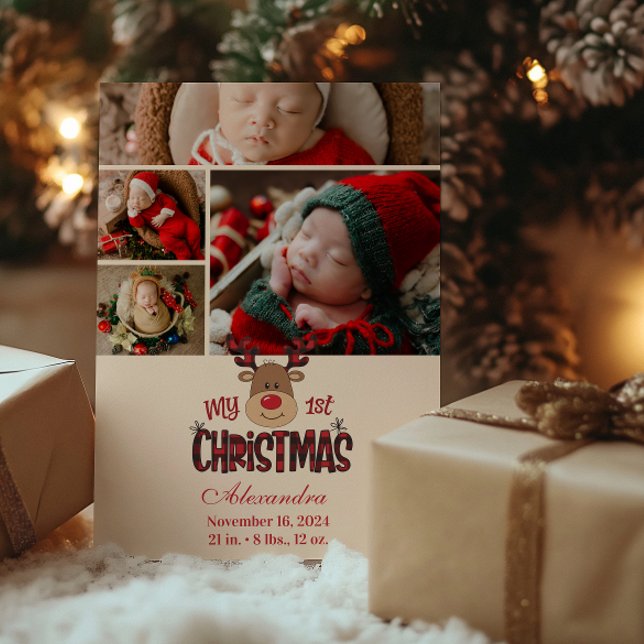 4 Photo Plaid Reindeer Baby First Christmas  Holiday Card (Creator Uploaded)