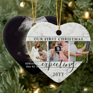 4 Photo Pregnancy 1st Christmas Faux Marble Heart Ceramic Tree Decoration