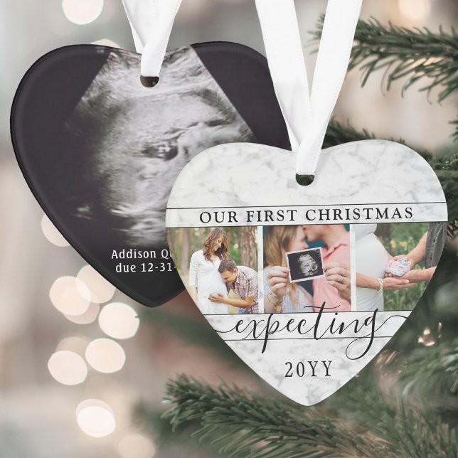 4 Photo Pregnancy 1st Christmas Faux Marble Heart Ornament (Creator Uploaded)