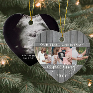 4 Photo Pregnancy 1st Xmas Grey Faux Wood Heart Ceramic Tree Decoration