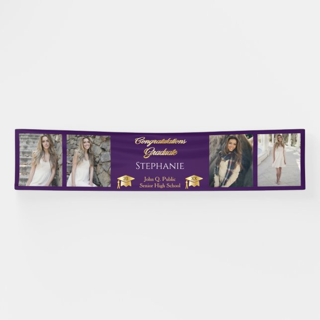 4 Photo Purple Gold Congrats Graduate Name School Banner (Horizontal)