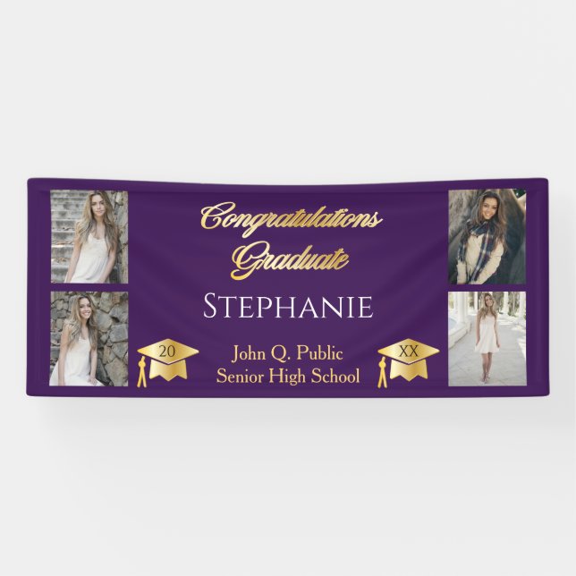 4 Photo Purple Gold Congrats Graduate Name School Banner (Horizontal)