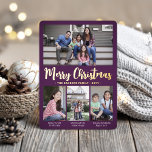 4 Photo Purple Merry Christmas Modern Collage Foil Holiday Card<br><div class="desc">Send stylish joyful greetings and share your favourite pictures with a custom four photo collage purple and gold foil holiday card. All text on this template is simple to customise to include any wording, such as Merry Christmas, Happy Holidays, Seasons Greetings, New Year Cheers etc. (IMAGE PLACEMENT TIP: An easy...</div>
