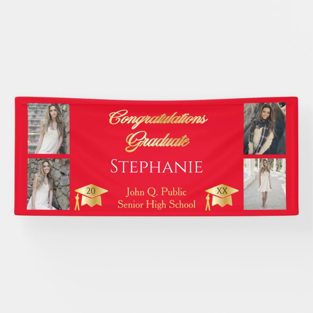 4 Photo Red Gold Congrats Graduate Name School Banner (Horizontal)
