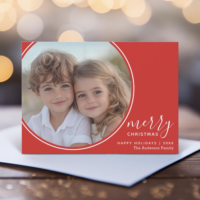 4 Photo Red White Handwritten Merry Christmas Holiday Card (Unique Photo Card)