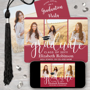 4 Photo Red & White Modern Script Graduation Party Invitation