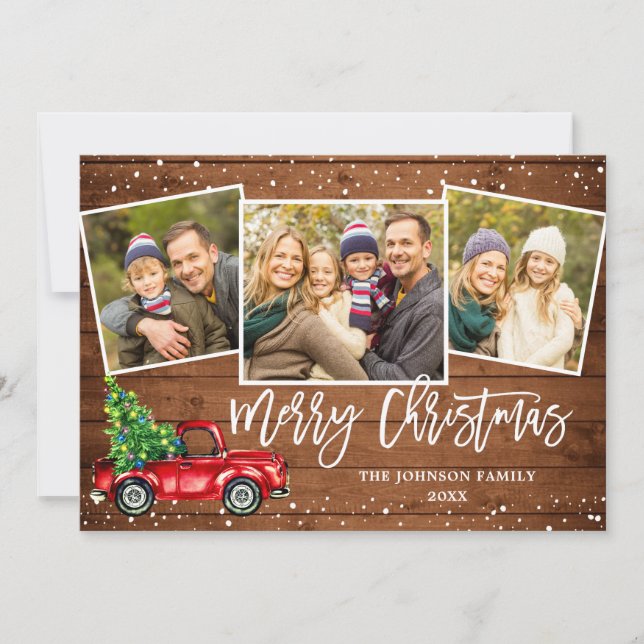 4 PHOTO Retro Christmas Red Truck Rustic Greeting Holiday Card (Front)