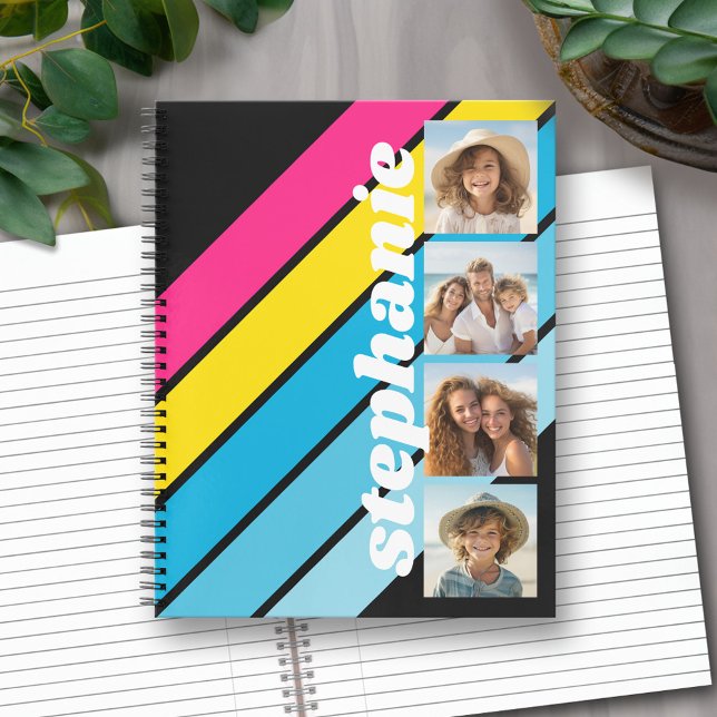 4 Photo Retro stripe pattern cmyk script name Notebook (Custom notebook with personalized cover)