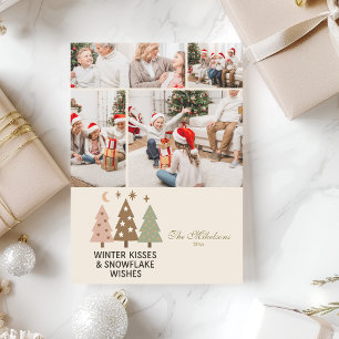 4 Photo Retro Winter Kisses & Snowflake Wishes Holiday Card