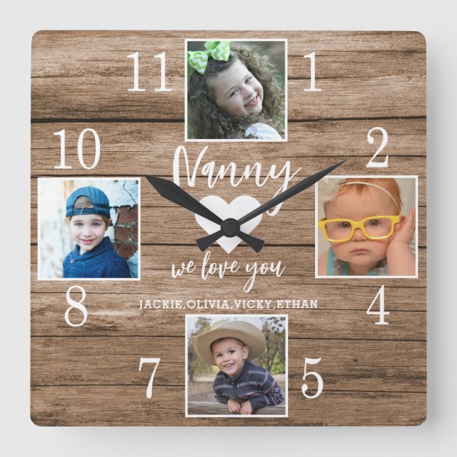 4 Photo Rustic Barn Wood Love You Nanny Grandkids Square Wall Clock (Front)