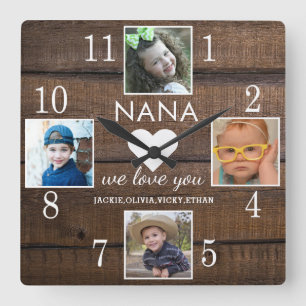 4 Photo Rustic Brown Wood Love You Nana Grandkids  Square Wall Clock