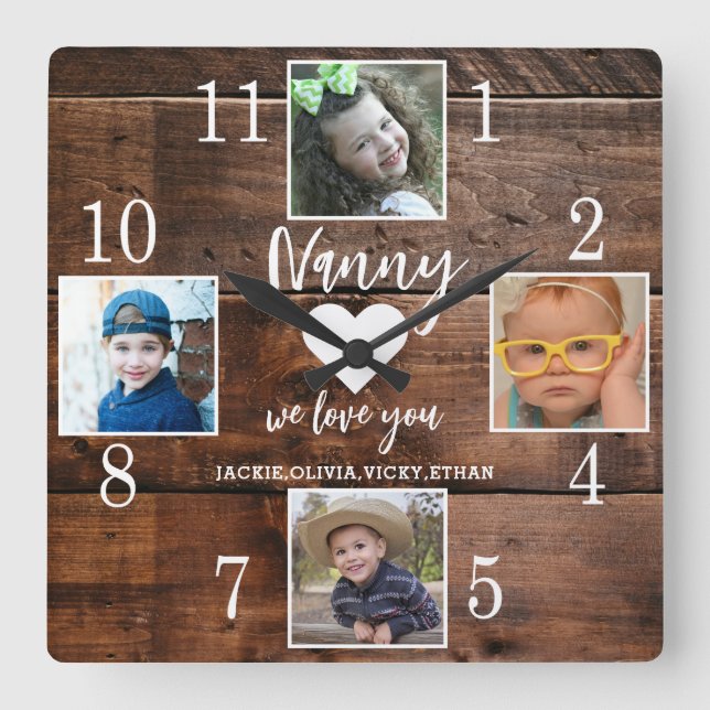 4 Photo Rustic Brown Wood Love You Nanny Grandkids Square Wall Clock (Front)
