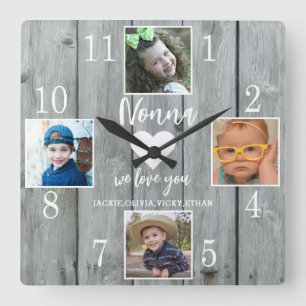 4 Photo Rustic Gray Wood Love You Nonna Grandkids Square Wall Clock