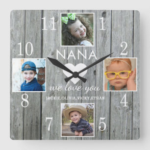 4 Photo Rustic Grey Wood Love You Nana Grandkids Square Wall Clock