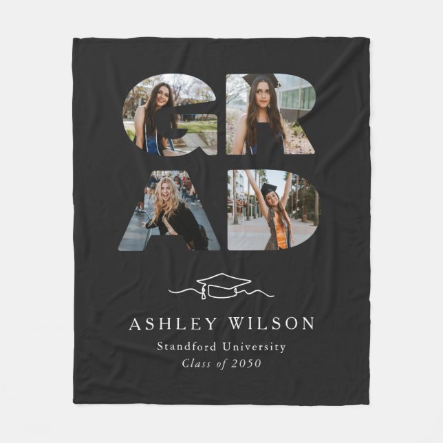 4 Photo Script Black Graduation Fleece Blanket (Front)
