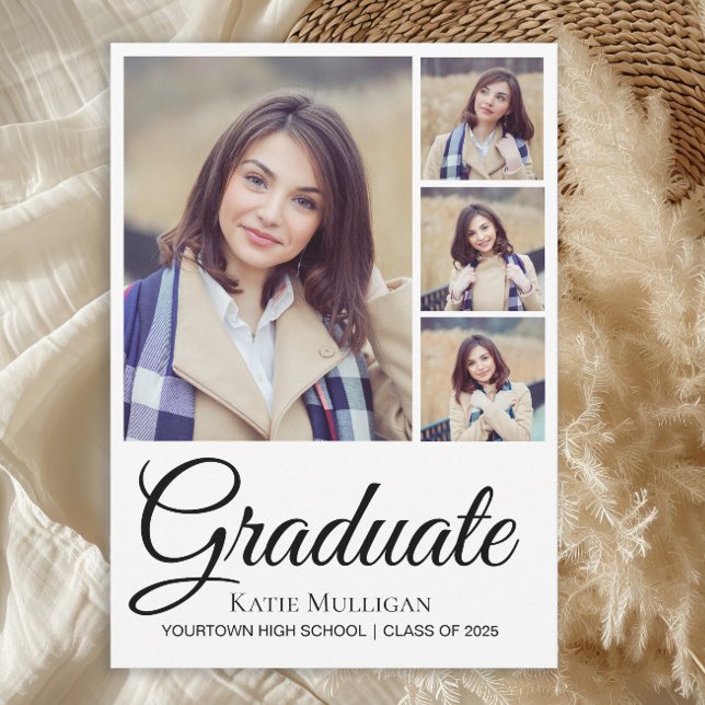 4 Photo Script Editable Background Graduation Announcement (4-photo graduation announcement card)