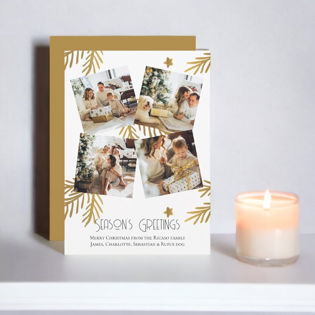 4 Photo Season's Greetings Christmas template (4 Photo Season's Greetings Christmas template cards from Ricaso. Mustard gold foliage and stars)