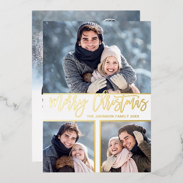 4 PHOTO Simply Elegant Sparkle Christmas Gold Foil Holiday Card (Front/Back)