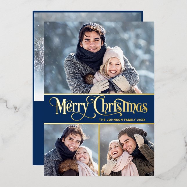 4 PHOTO Simply Elegant Sparkle Christmas Gold Foil Holiday Card (Front/Back)